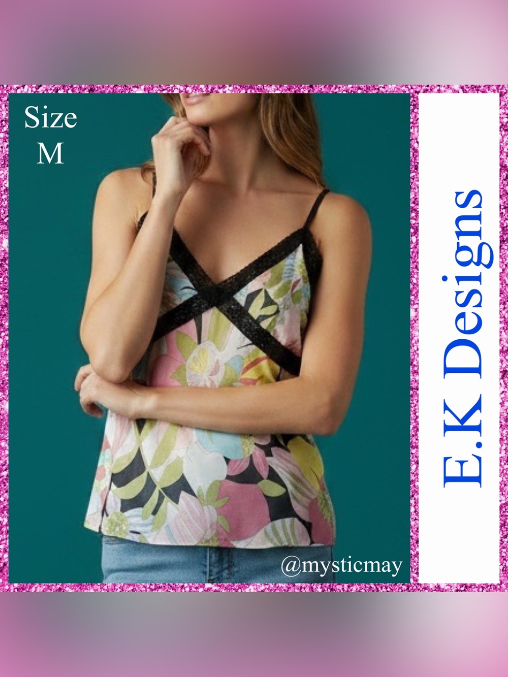 Vintage Y2K Pink Pastel Floral Chiffon Black LACE TRIM CAMI TANK TOP Size M
